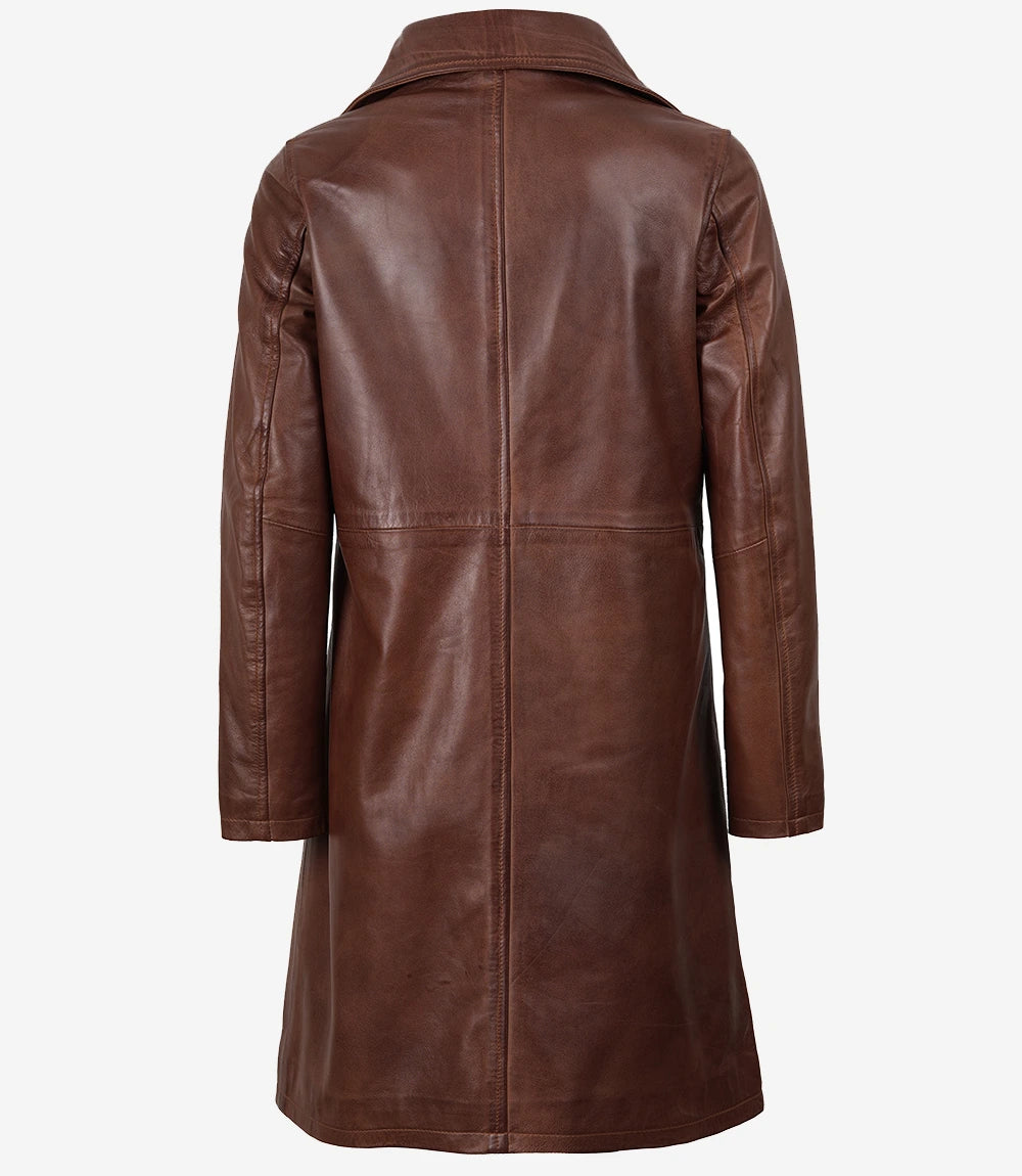 Long manteau en cuir cognac pour femme
