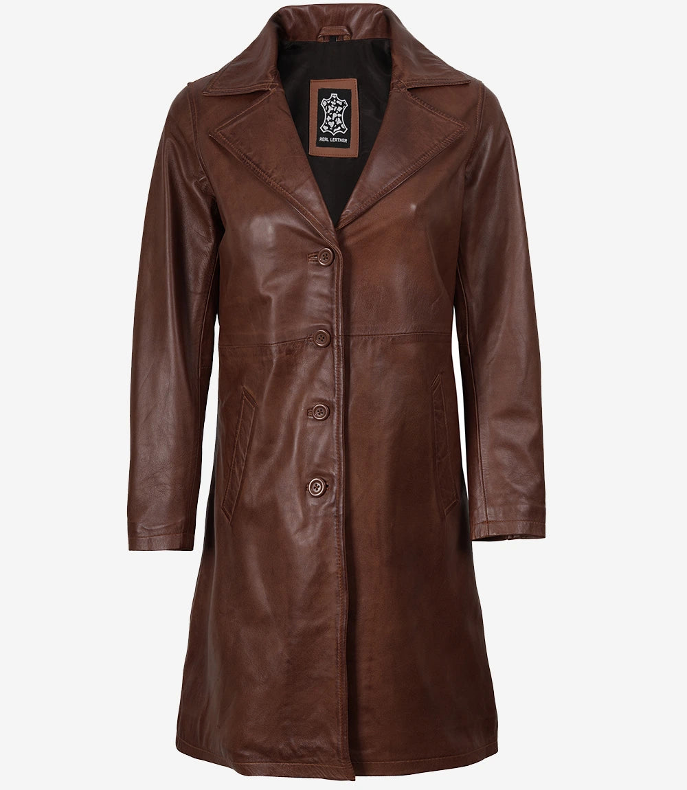 Long manteau en cuir cognac pour femme
