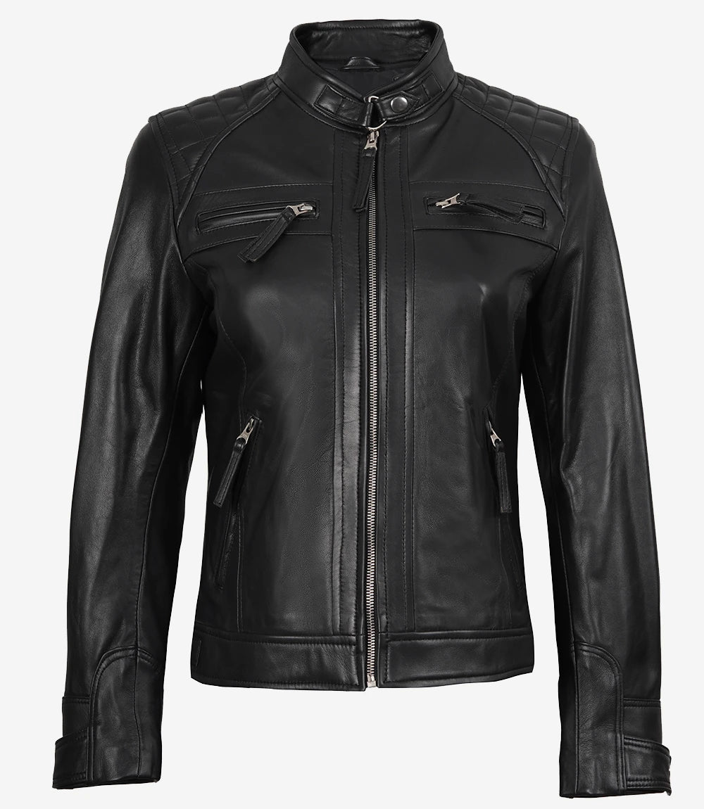 Veste en cuir matelassée noire style motard pour femme