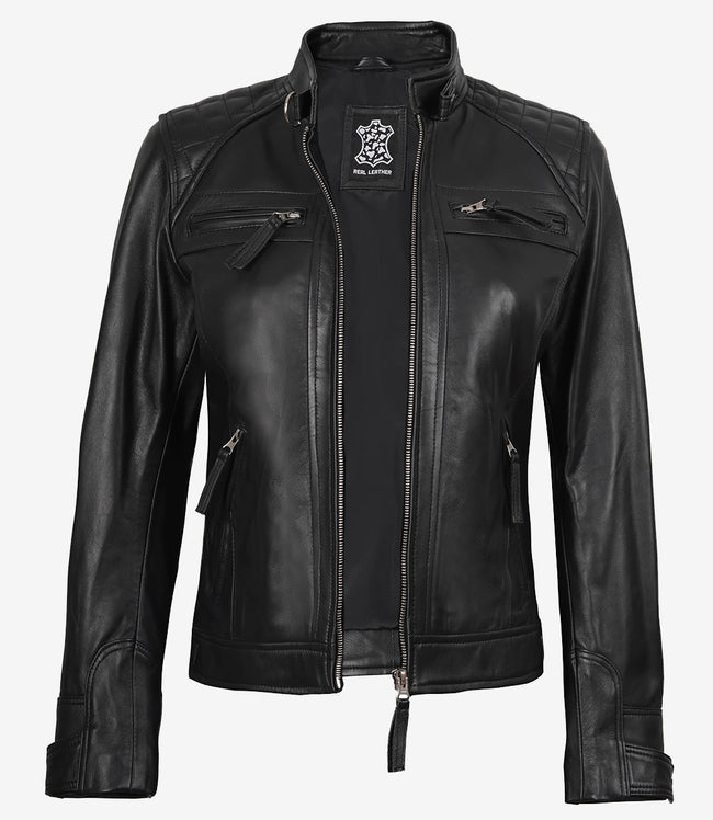 Veste en cuir matelassée noire style motard pour femme