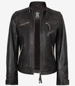 Veste style motard matelassée en cuir d'agneau véritable marron vieilli pour femme