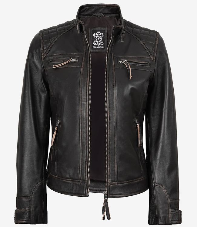 Veste style motard matelassée en cuir d'agneau véritable marron vieilli pour femme