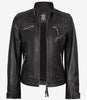 Veste style motard matelassée en cuir d'agneau véritable marron vieilli pour femme
