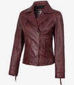 Veste motard bordeaux en cuir d'agneau véritable pour femme