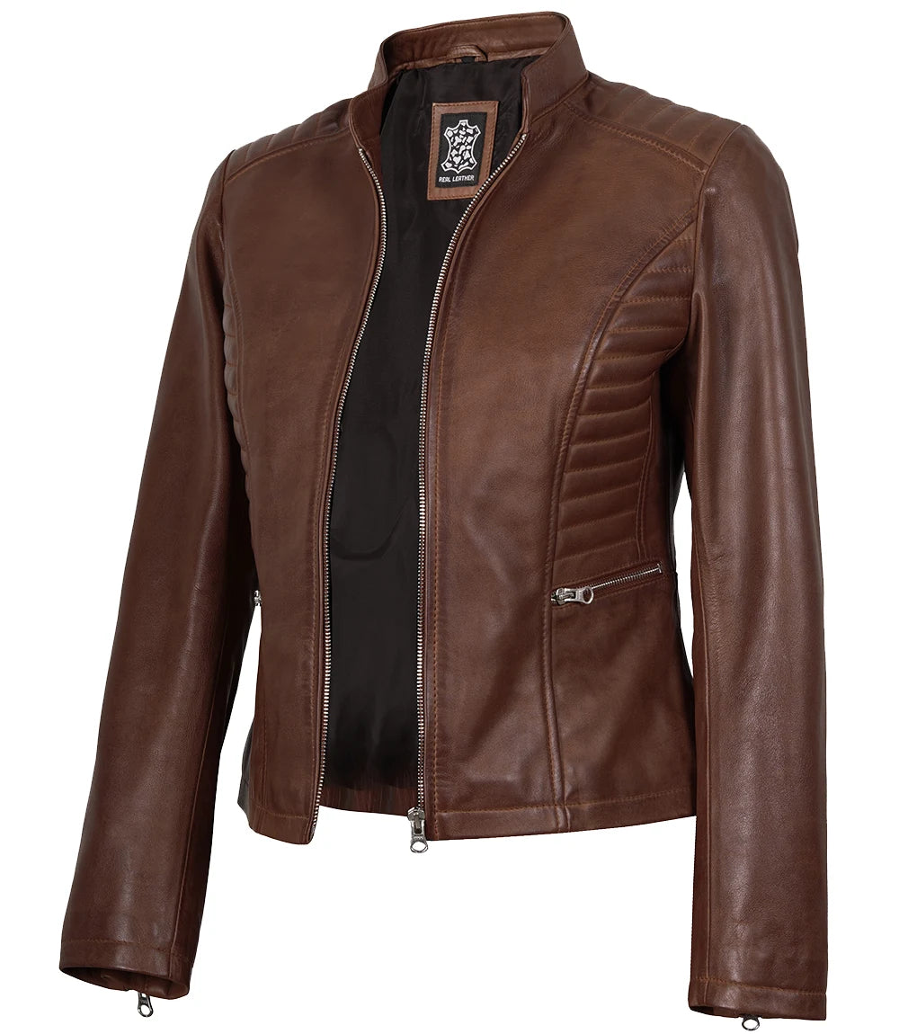 Veste de motard cirée en cuir véritable pour femme, couleur cognac