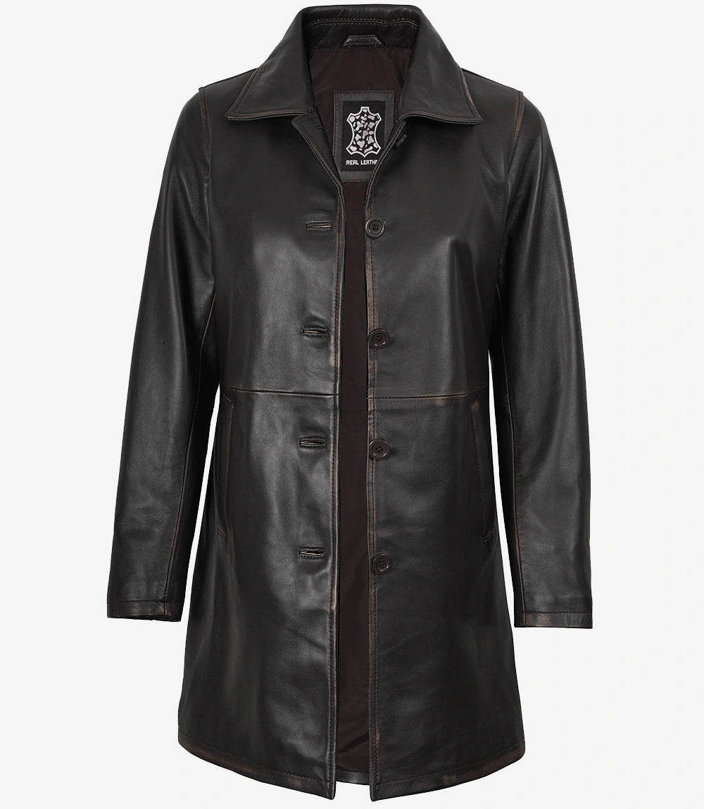 Manteau 3/4 en cuir véritable marron vieilli pour femme