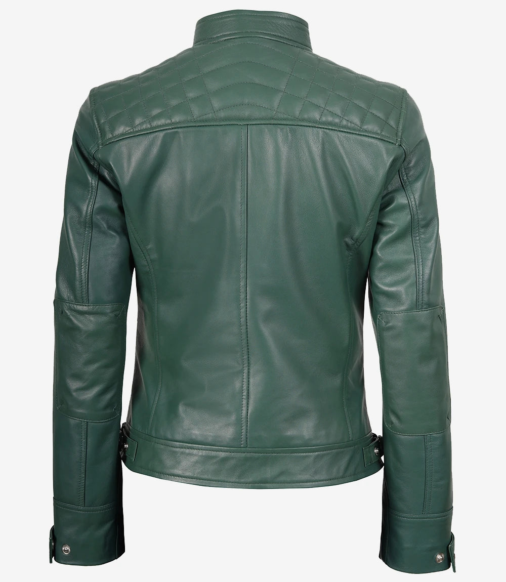 Veste motarde verte en cuir véritable pour femme - Épaules matelassées