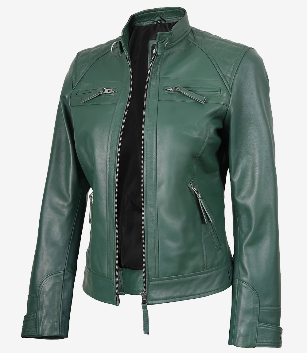 Veste motarde verte en cuir véritable pour femme - Épaules matelassées