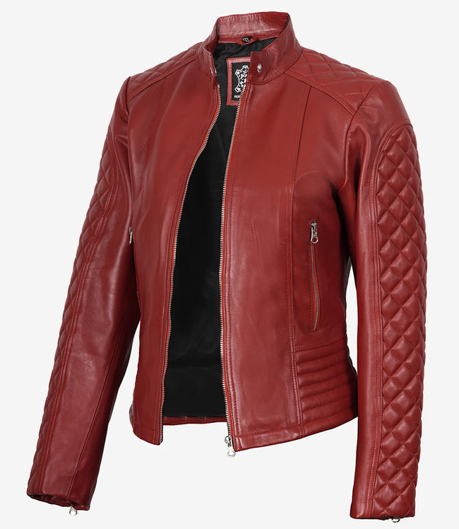 Veste motard matelassée rouge en cuir véritable pour femme