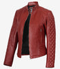 Veste motard matelassée rouge en cuir véritable pour femme