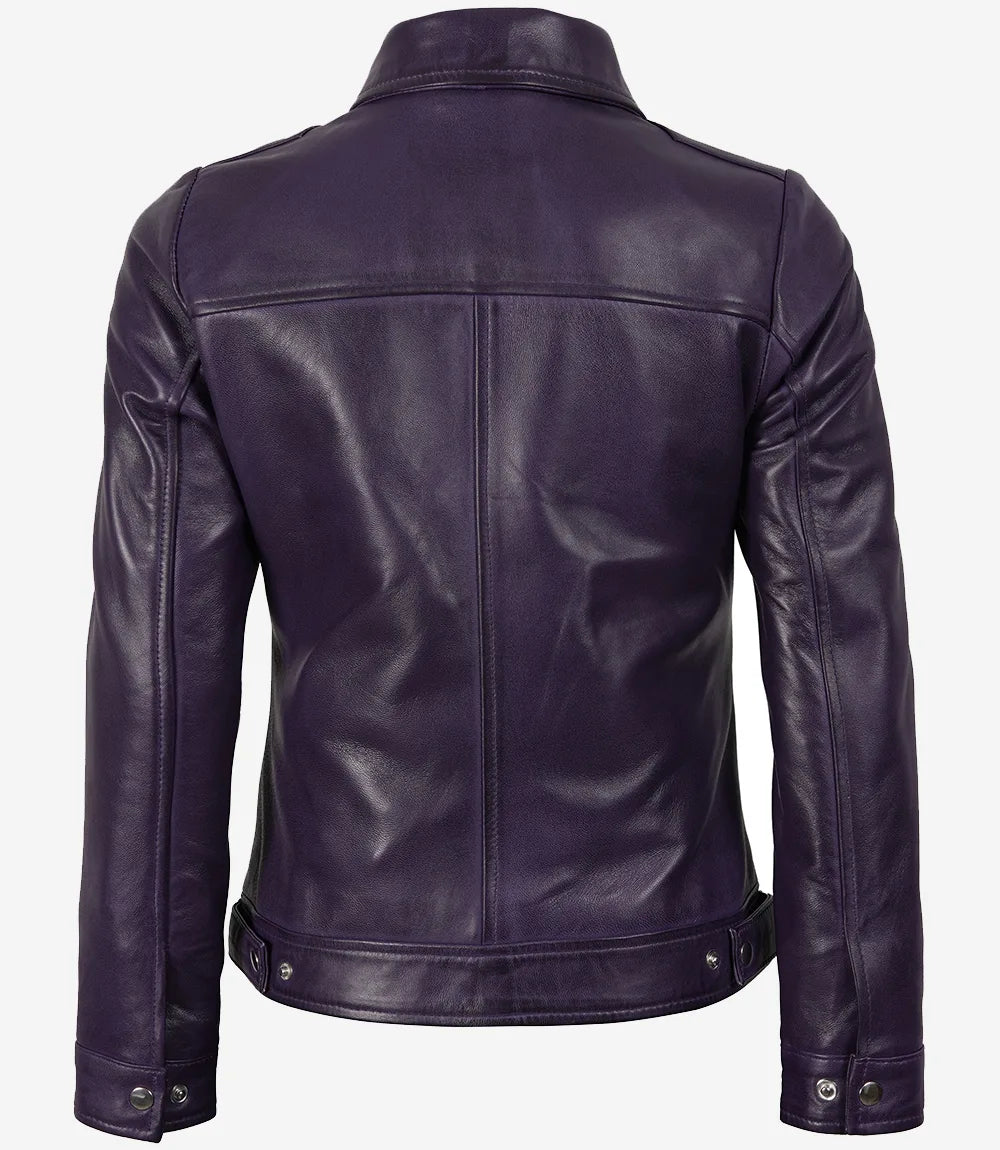 Veste en cuir violet à col chemise pour femme