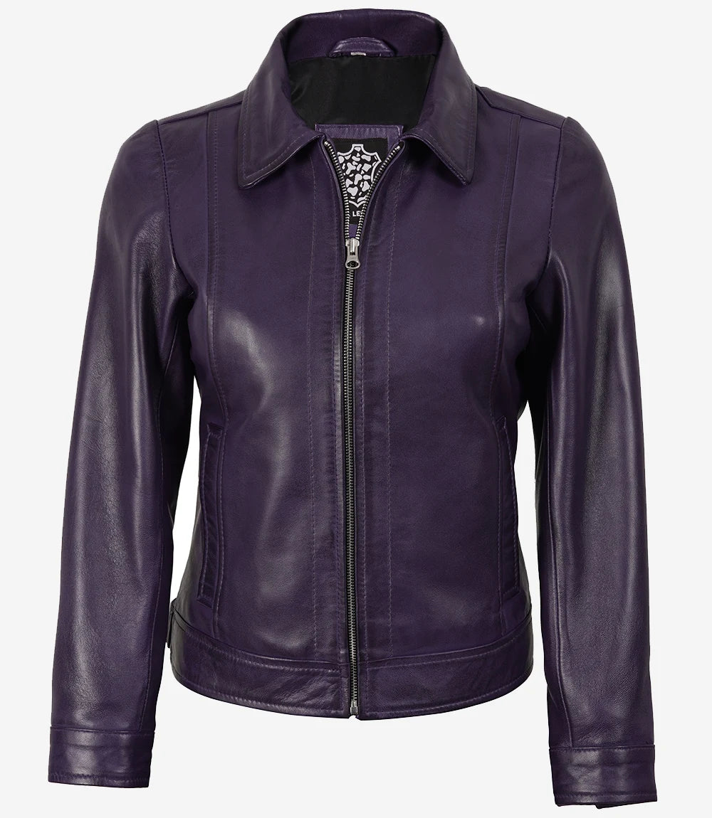 Veste en cuir violet à col chemise pour femme