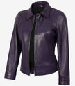 Veste en cuir violet à col chemise pour femme