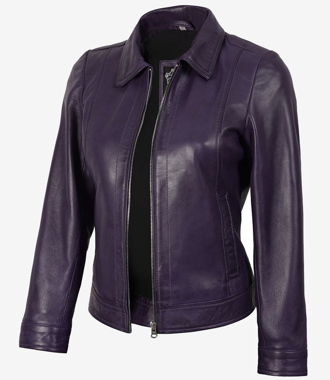 Veste en cuir violet à col chemise pour femme