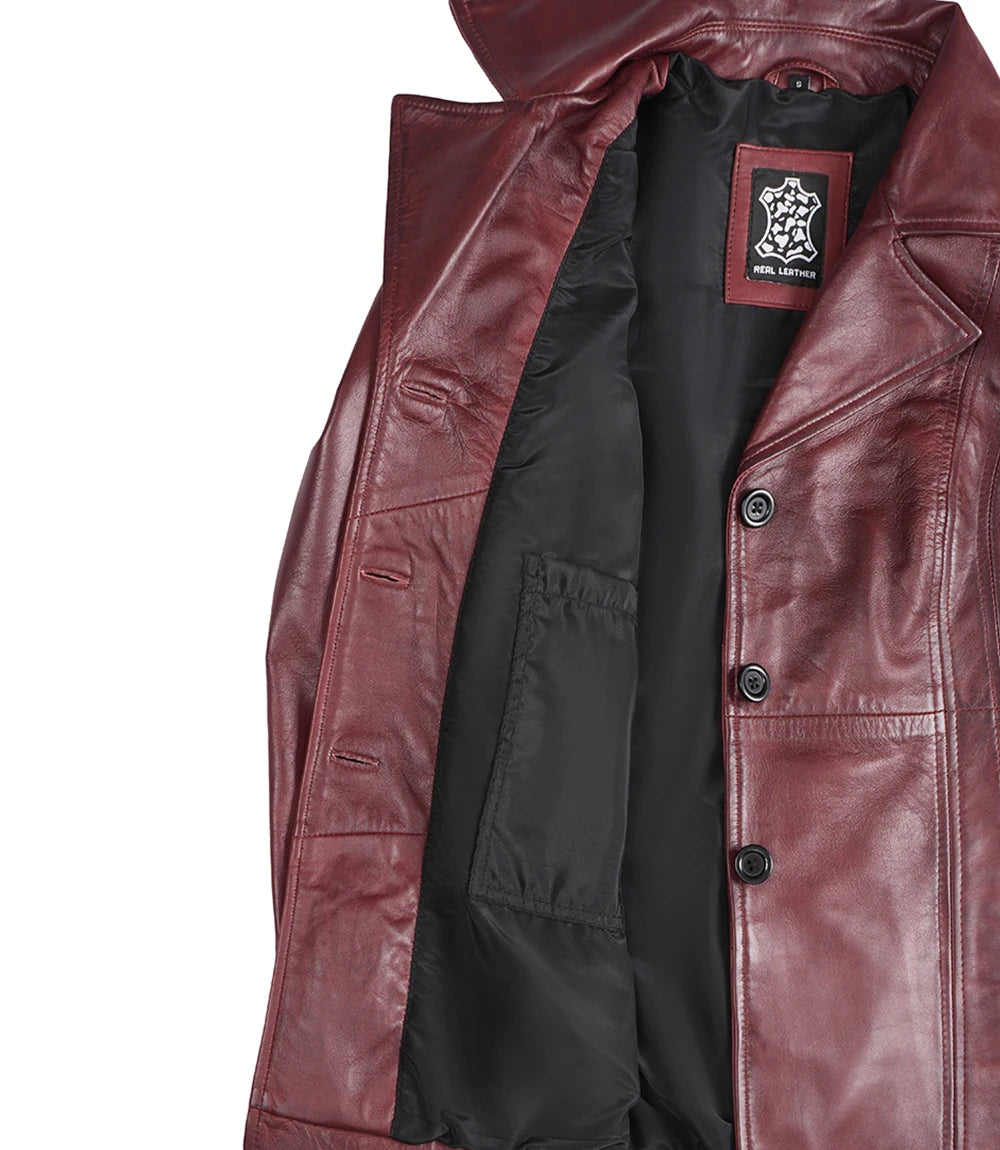 Blazer en cuir bordeaux à trois boutons pour femme