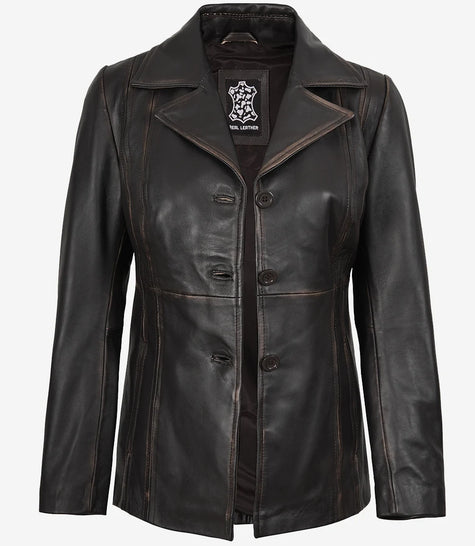 Blazer en cuir marron vieilli à trois boutons pour femme