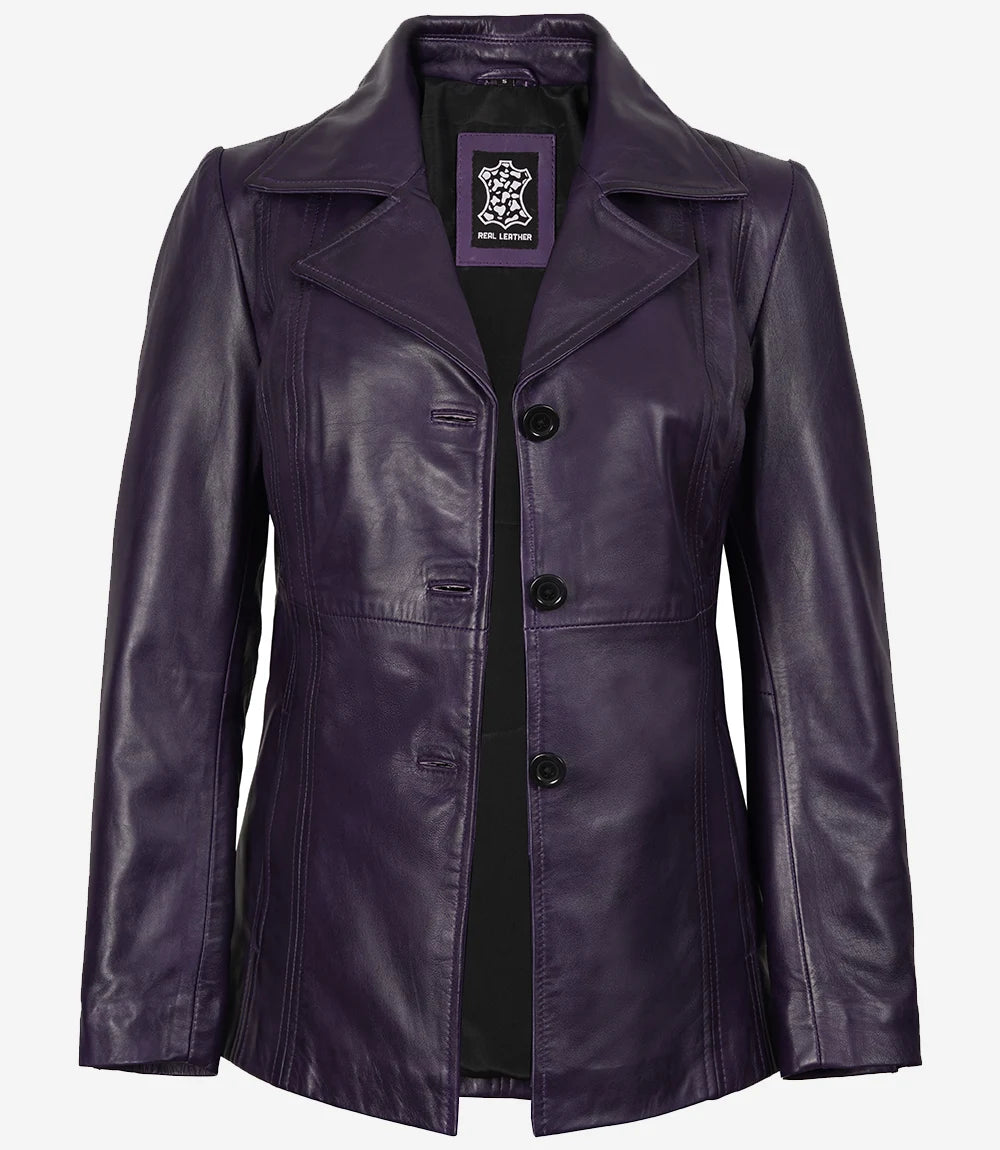 Blazer en cuir violet à trois boutons pour femme