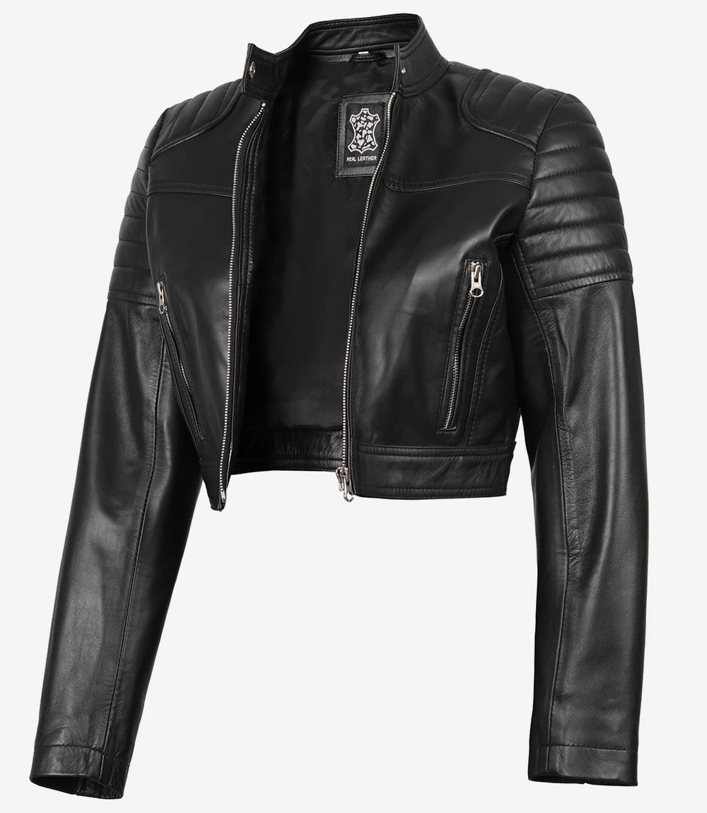 Womens Black Biker Cropped Leather Jacket