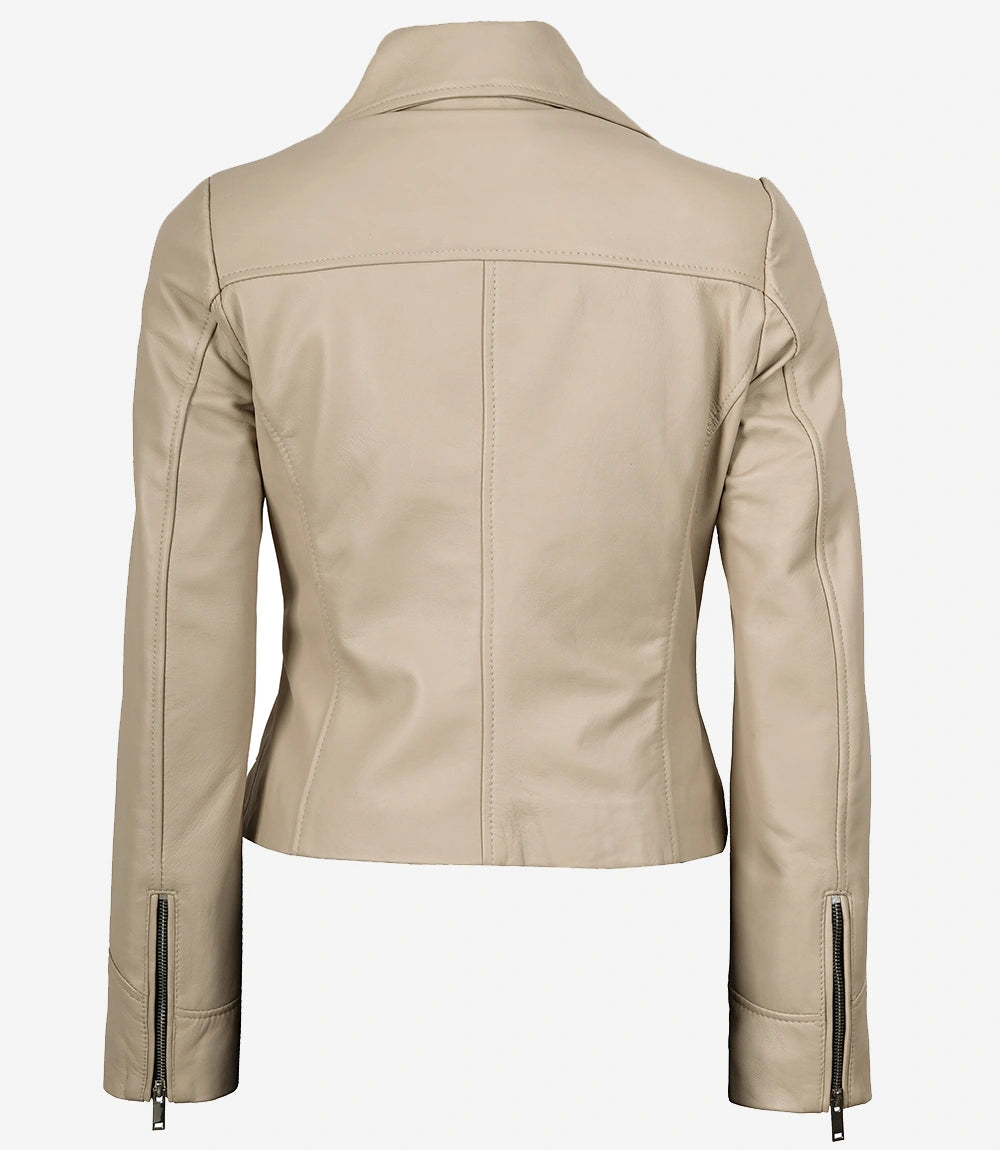 Veste de motard beige en cuir d'agneau véritable pour femme