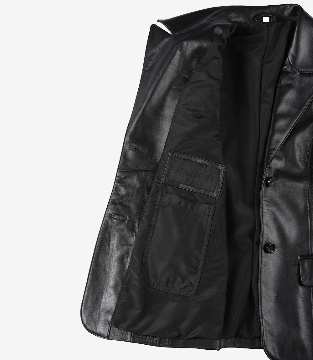 Womens Black Two Button Leather Blazer