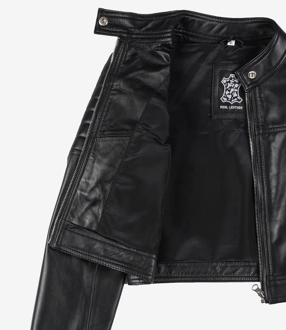 Womens Black Biker Cropped Leather Jacket