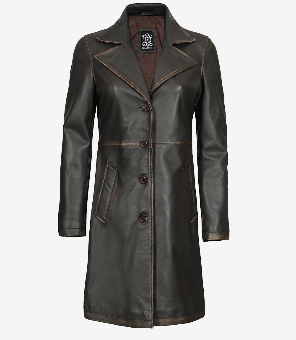 Manteau en cuir marron vieilli trois-quarts pour femme