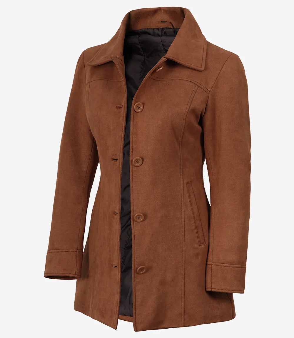 Women's 3/4 Length Button Down Light Brown Faux Suede Coat
