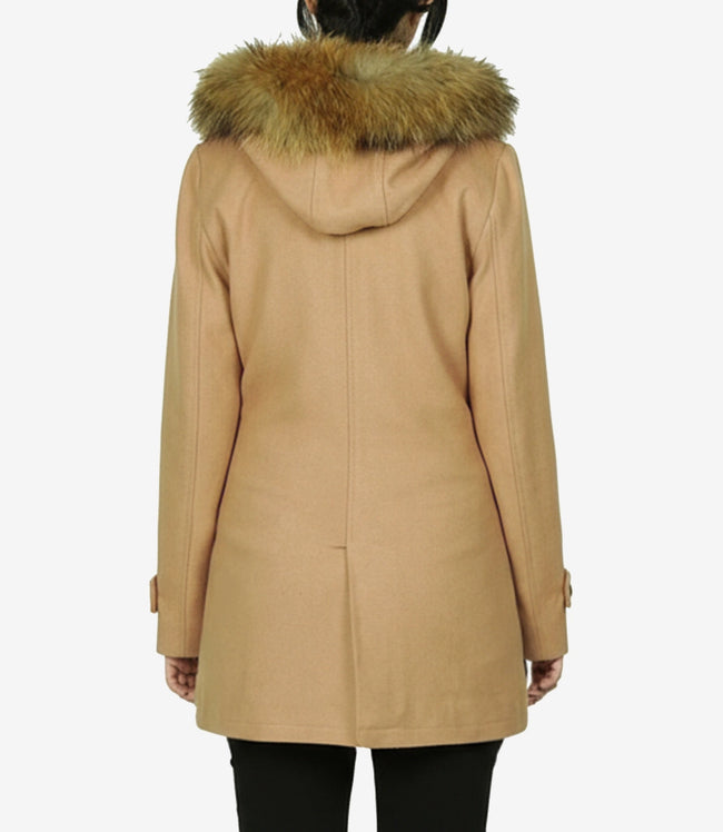Duffle-coat à capuche en laine et peau lainée marron camel pour femme