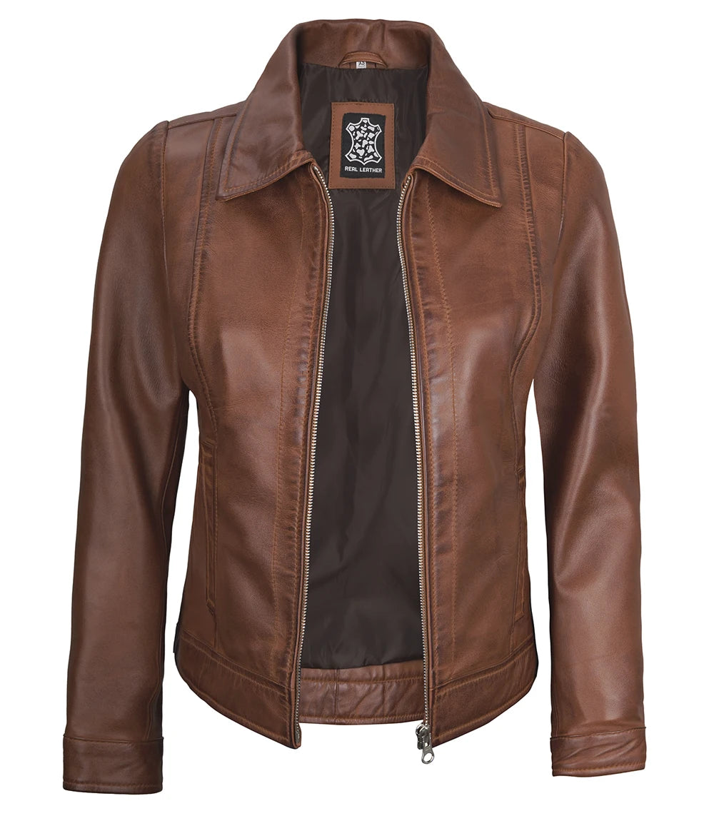 Womens Shirt Collar Cognac Leather Jacket