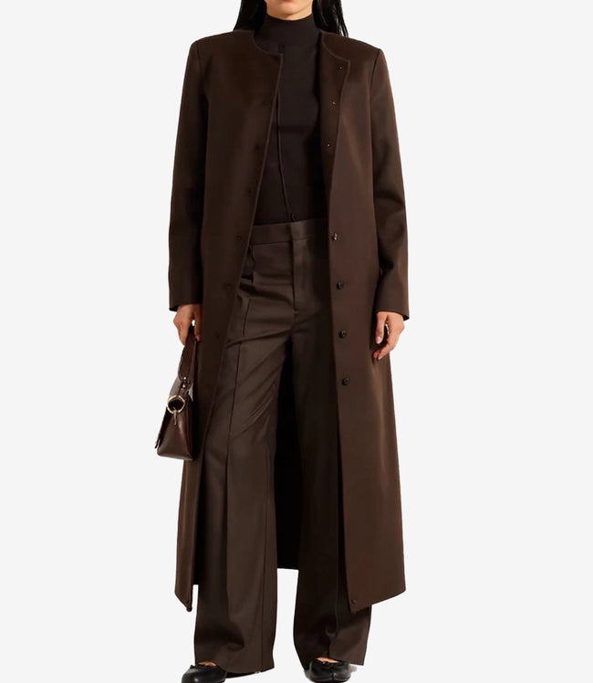 Trench-coat en laine marron chocolat sans col Rosario pour femme