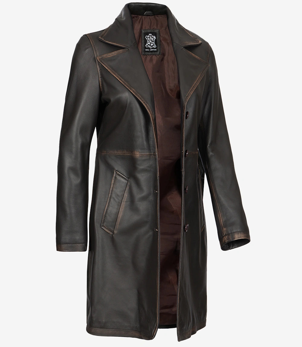 Manteau en cuir marron vieilli trois-quarts pour femme