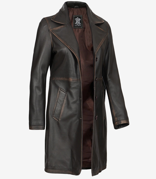 Manteau en cuir marron vieilli trois-quarts pour femme