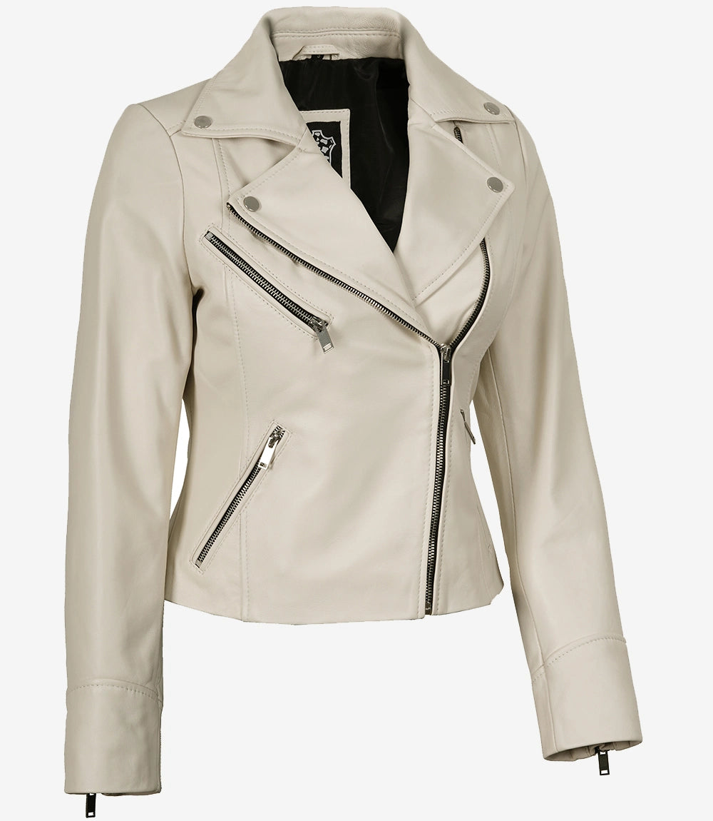 Veste style motard en cuir d'agneau véritable pour femme, blanc cassé
