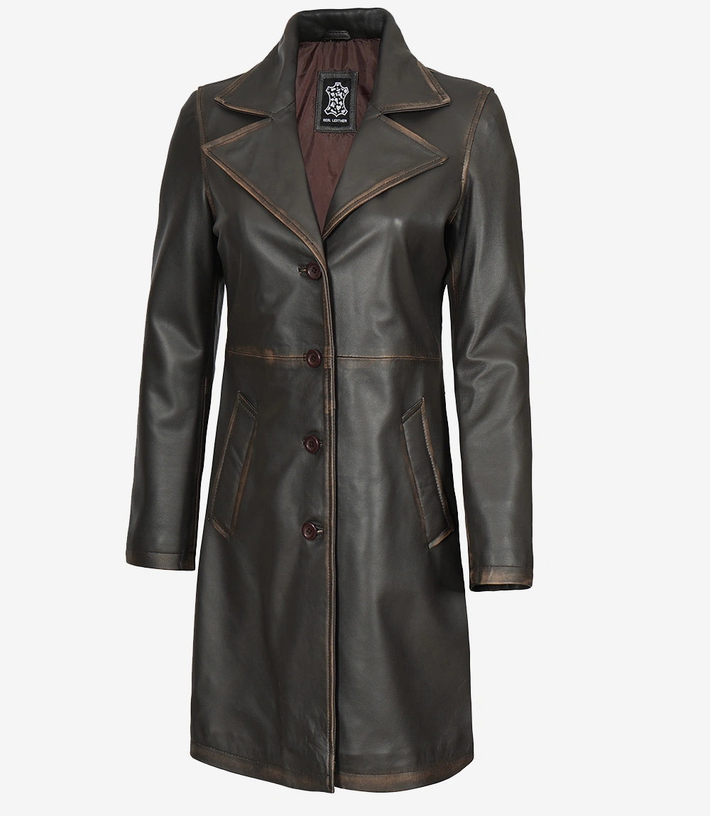 Manteau en cuir marron vieilli trois-quarts pour femme