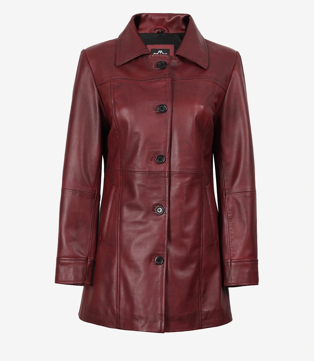 Womens Real Leather Maroon Coat