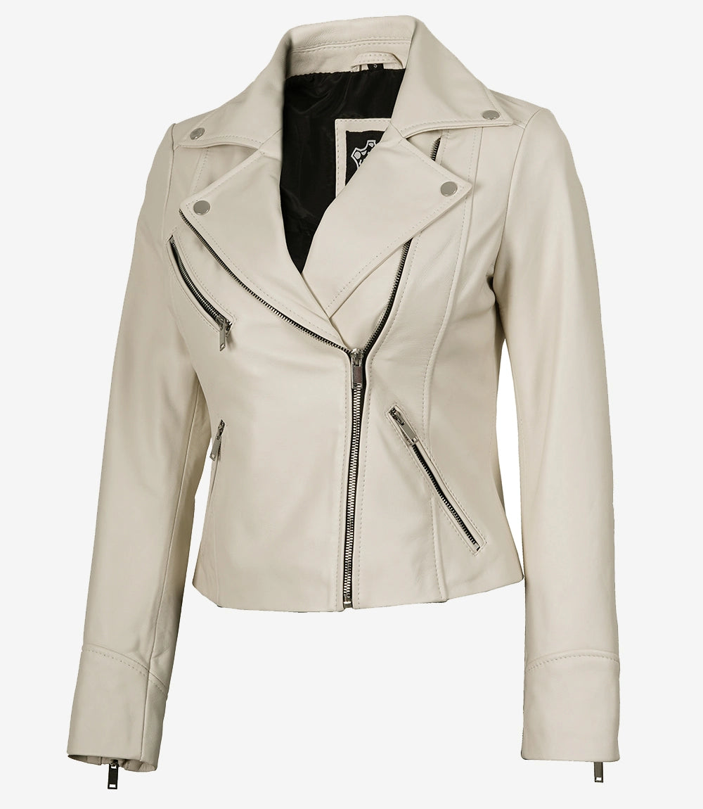 Veste style motard en cuir d'agneau véritable pour femme, blanc cassé