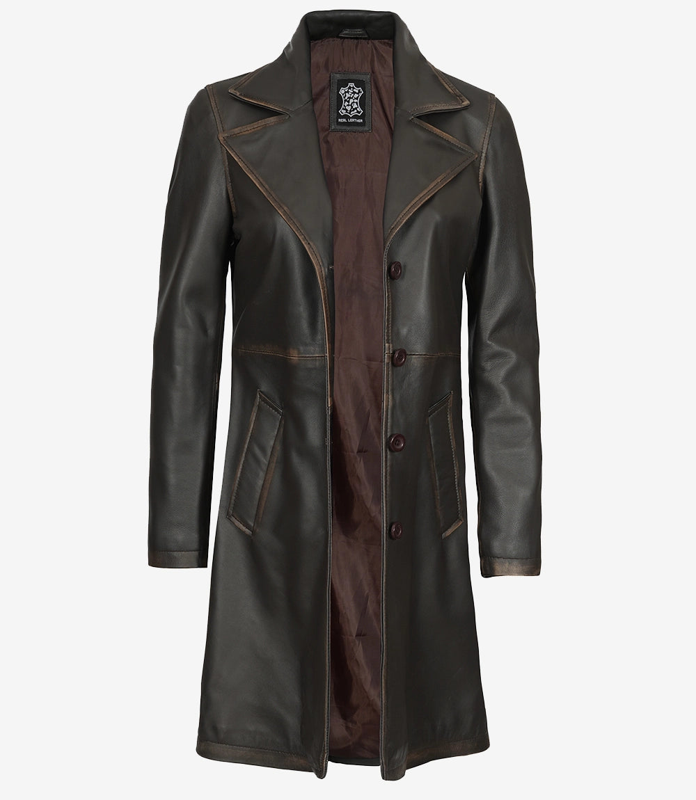 Manteau en cuir marron vieilli trois-quarts pour femme