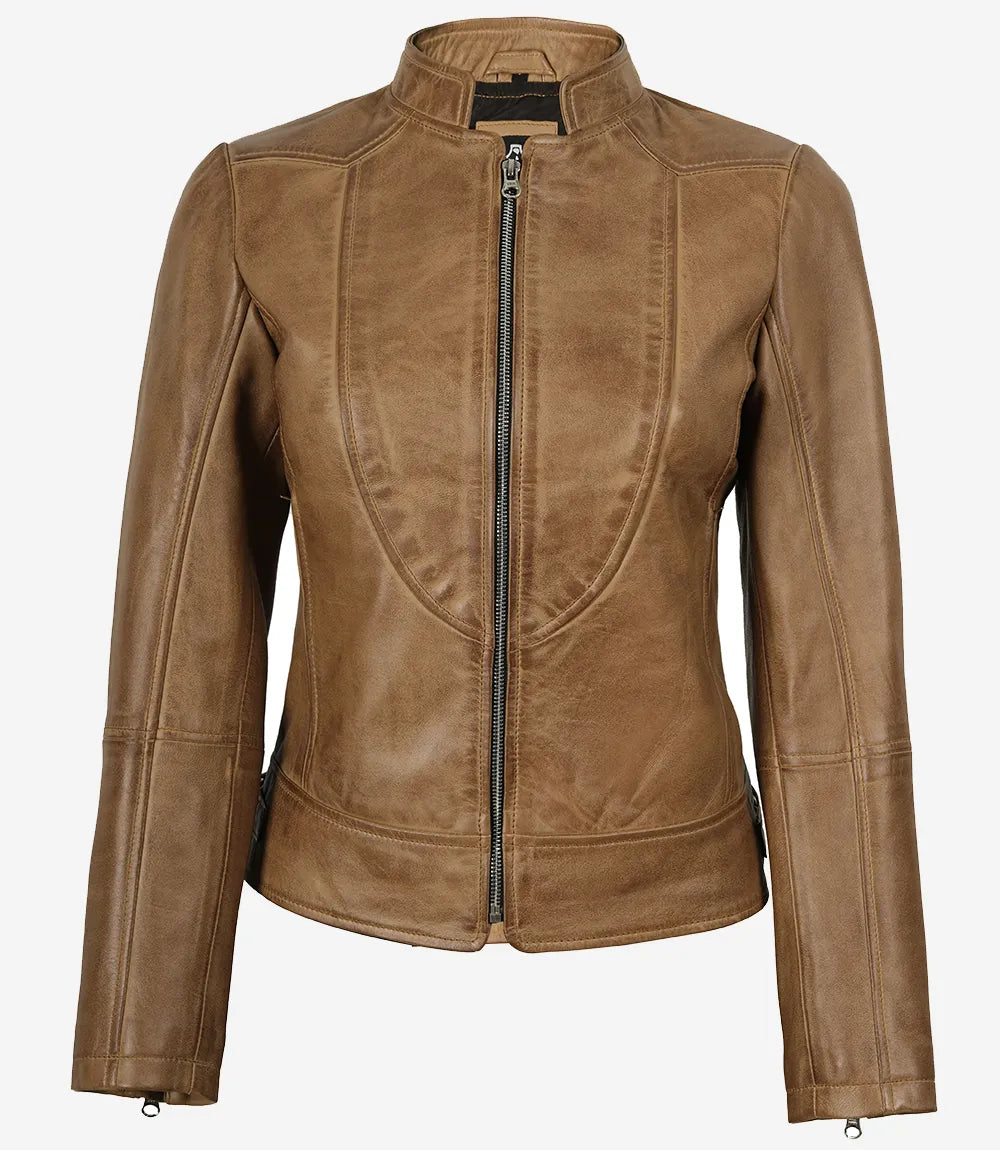 Veste en cuir style motard marron camel Amy pour femme