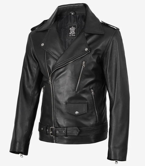 Veste en cuir asymétrique noire pour homme – Style moto