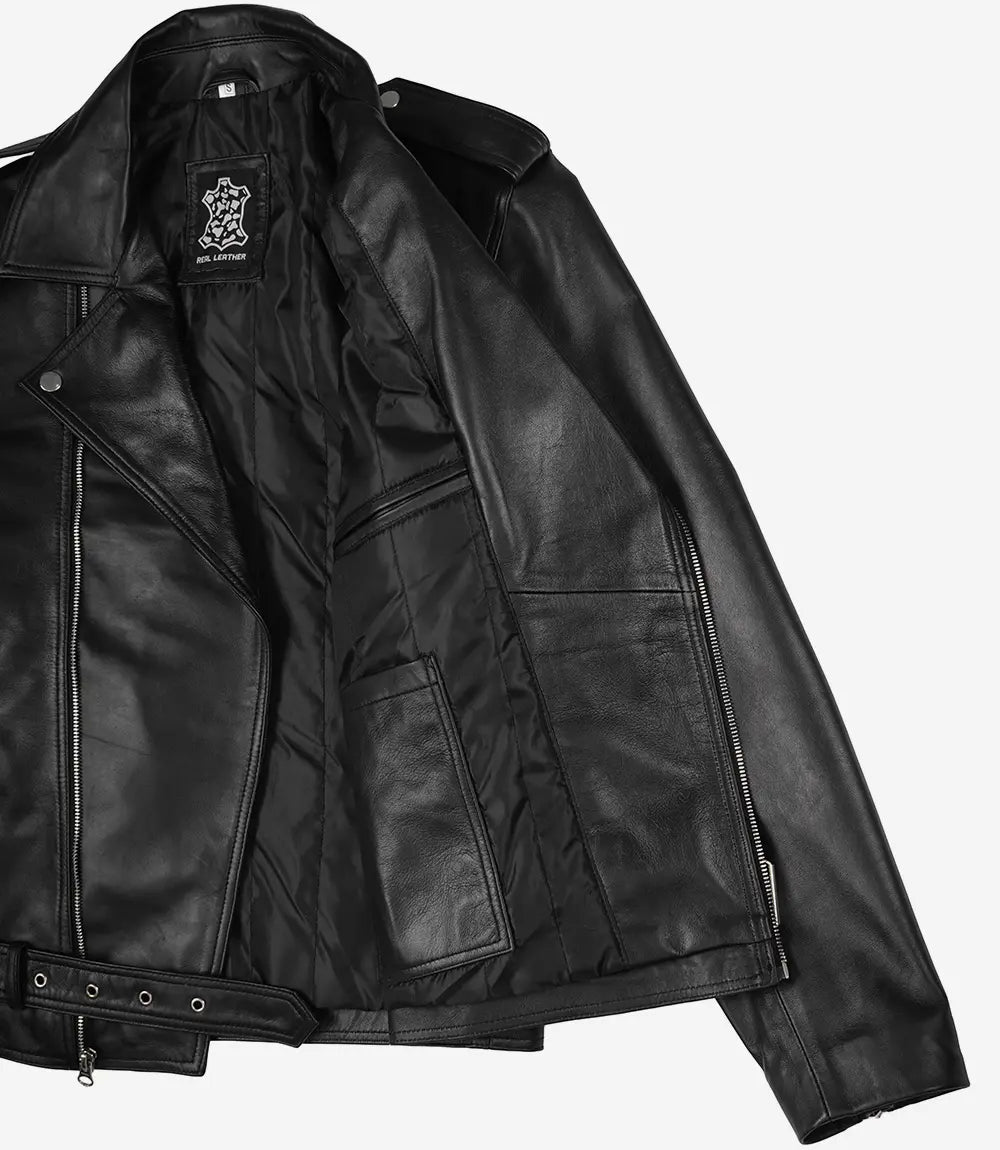 Veste en cuir asymétrique noire pour homme – Style moto
