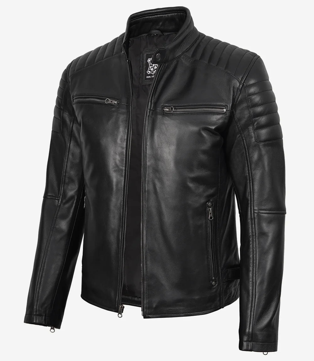 Veste en cuir noir style motard pour homme