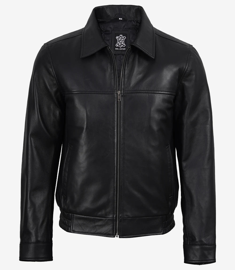 Black Classic Shirt Collar Leather Bomber Jacket for Men