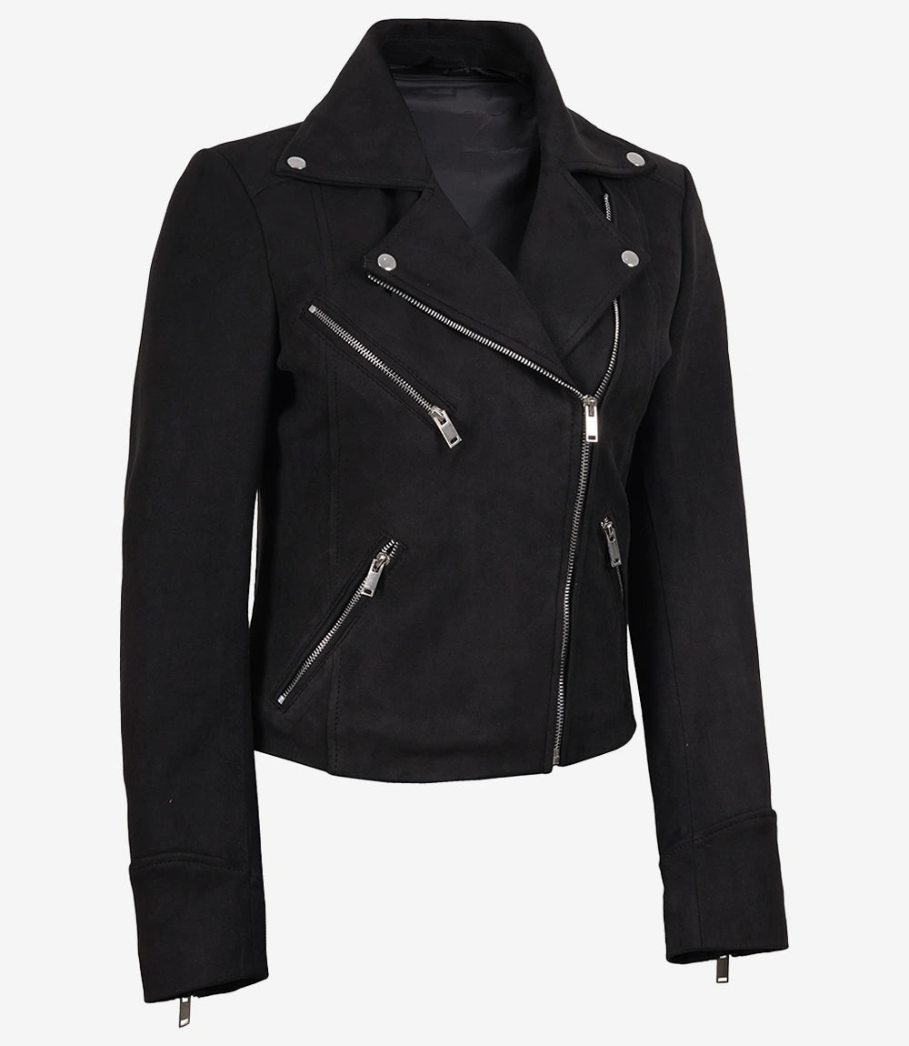 Women's Black Faux Suede Biker Jacket – Asymmetrical Zip