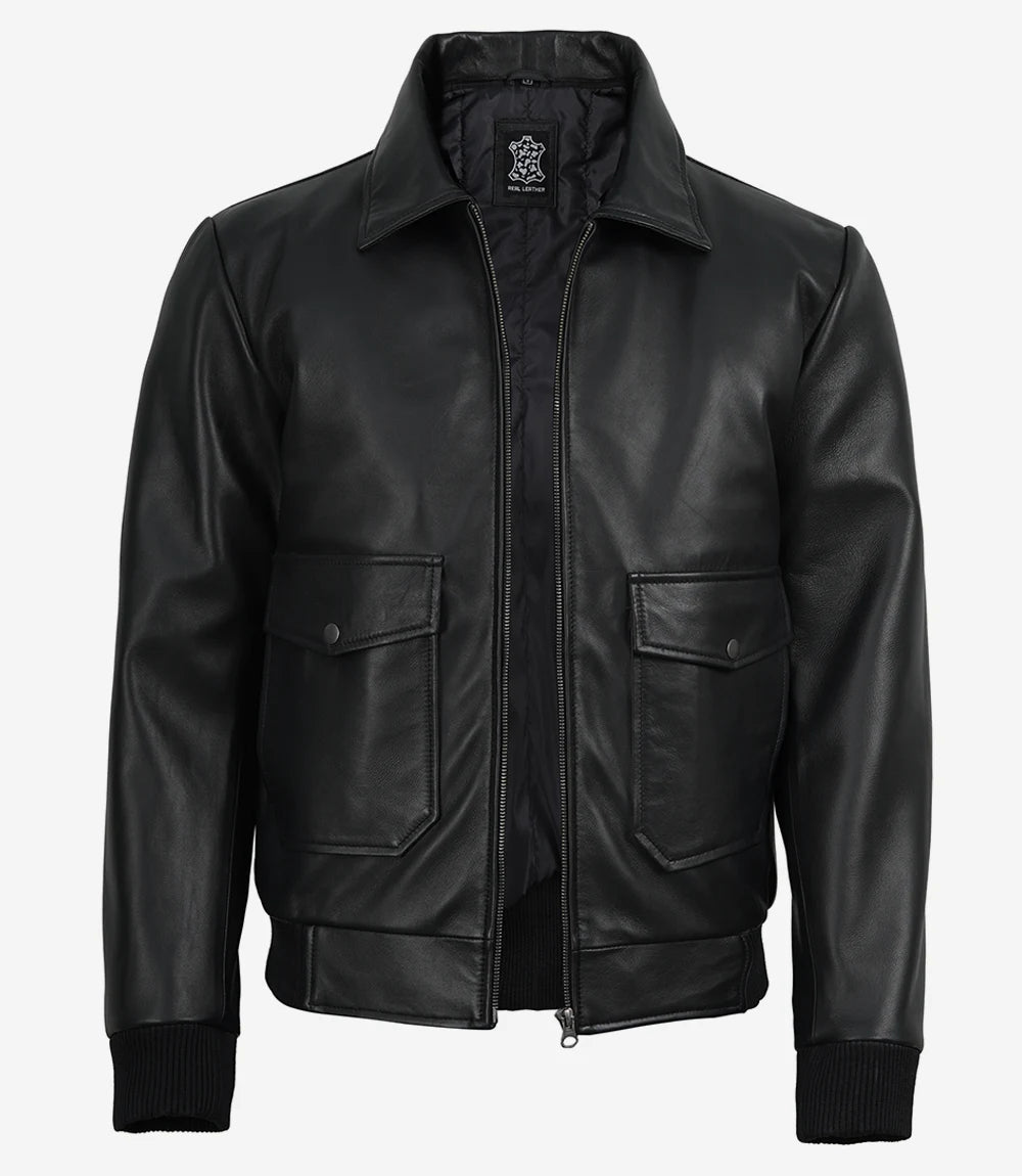 Men's Black Leather Aviator Jacket with Detachable Faux Shearling Collar
