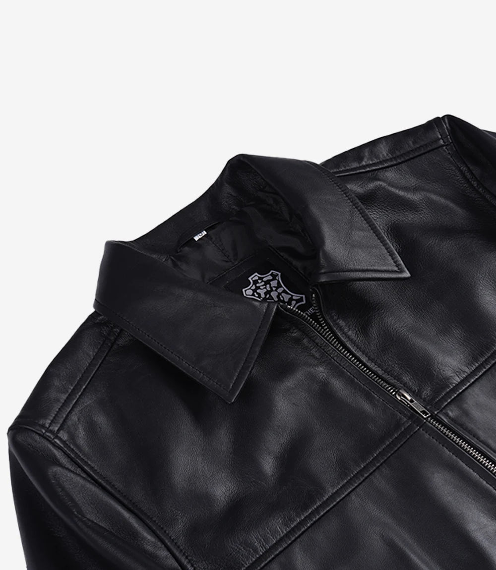 Black Classic Shirt Collar Leather Bomber Jacket for Men