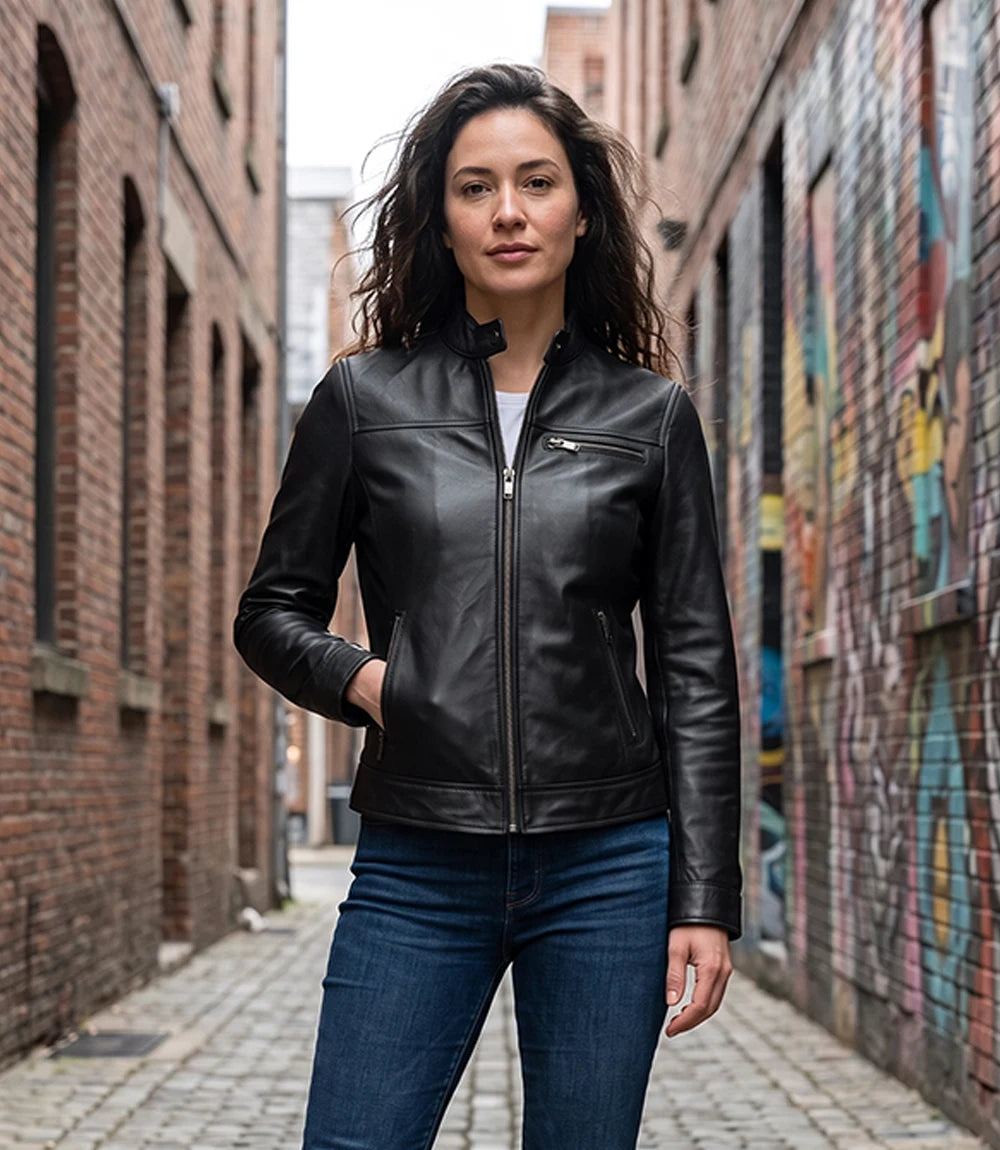 Women's Black Lambskin Biker Style Leather Jacket