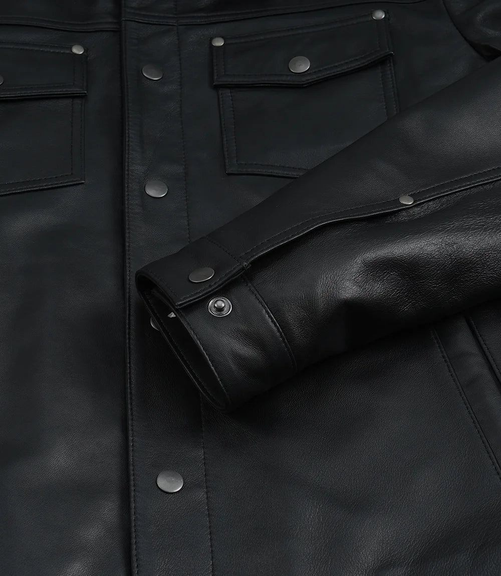 Men’s Premium Black Leather Shirt Jacket | Snap-Button Front