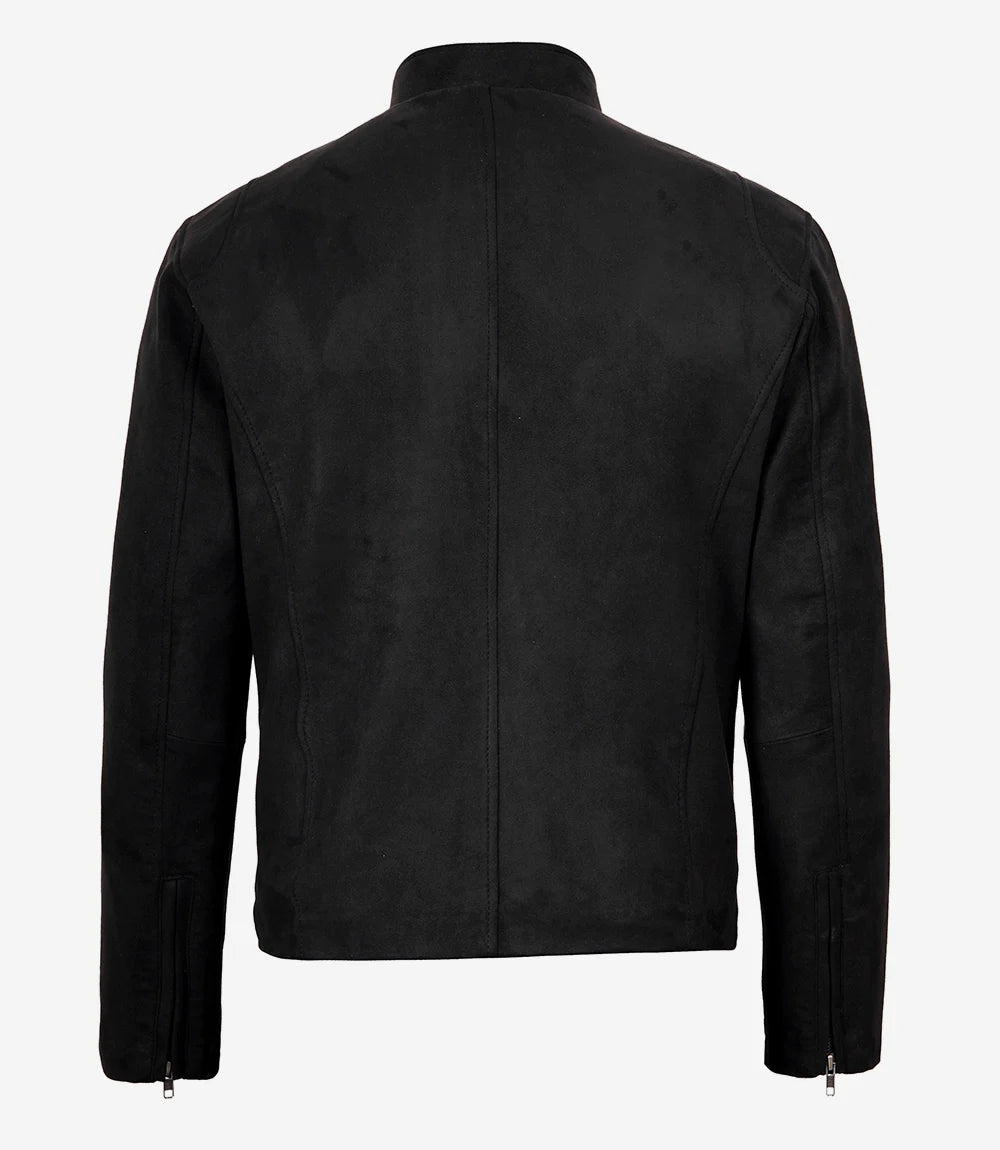 Men's Black Faux Suede Biker Style Jacket – Erect Collar Zip Closure