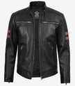 Veste motard en cuir noir pour homme avec bandes beiges sur les bras