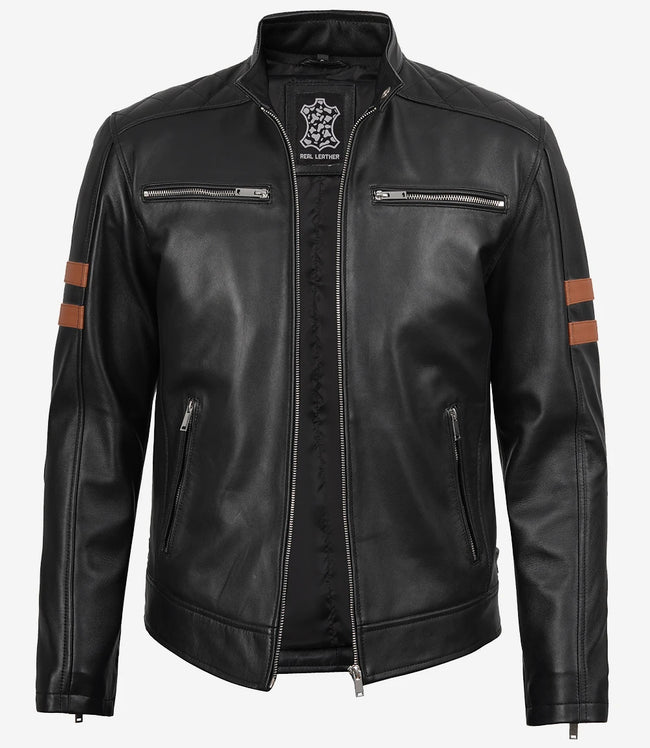Veste motard en cuir noir pour homme avec bandes beiges sur les bras